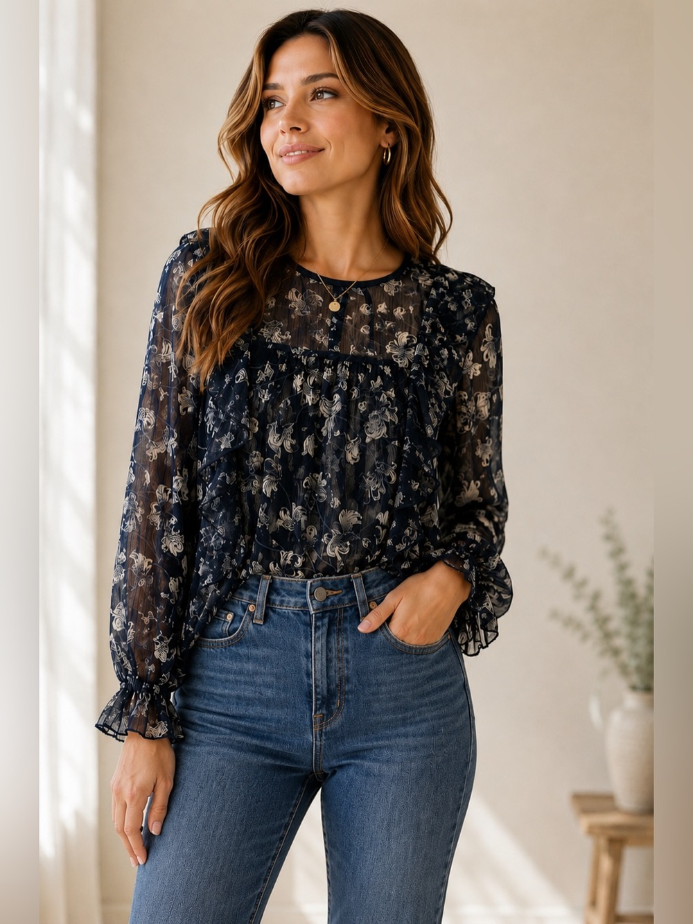 Lucky Brand XS Navy Floral Sheer Ruffle Blouse Long Sleeve Boho Top